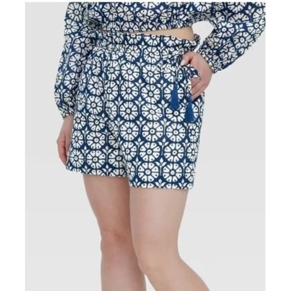 Roller Rabbit Womens Medium Daisy Floral Side-Tie Beach Pull-On Shorts Navy Blue
